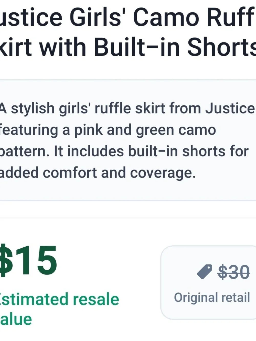 Justice Pink & Green Camo Ruffle Mini Skirt